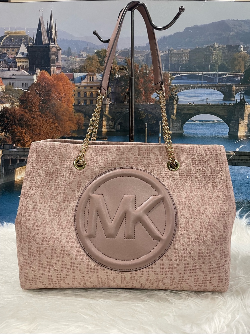 Michael Kors Dusty Pink MK Signature Tote with Gold Chain Straps